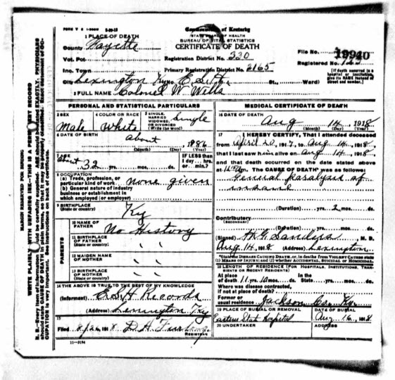 Death Certificate for Colonel Wolford Wells